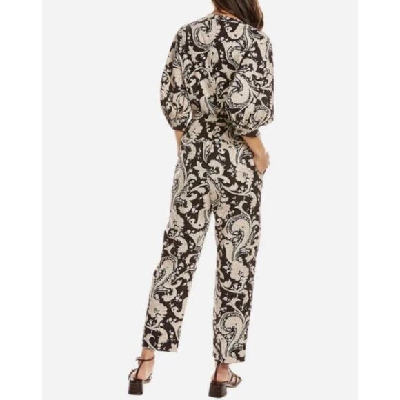 Rebecca Taylor NWOT Paisley Jumpsuit Belted Waist Puff Sleeves Espresso Size XS - Picture 2 of 12